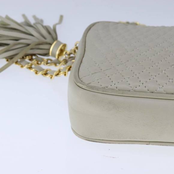 BALLY Chain Quilted Shoulder Bag Leather Beige Gold Auth...